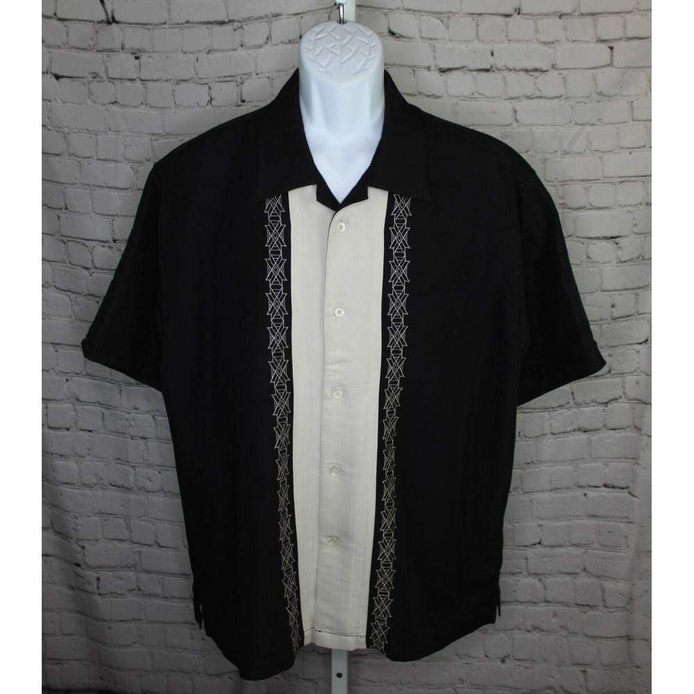 CUBAVERA Tan Black Aztec Stitching Camp Bowling Loose Short Sleeve Shirt SZ‎ XL